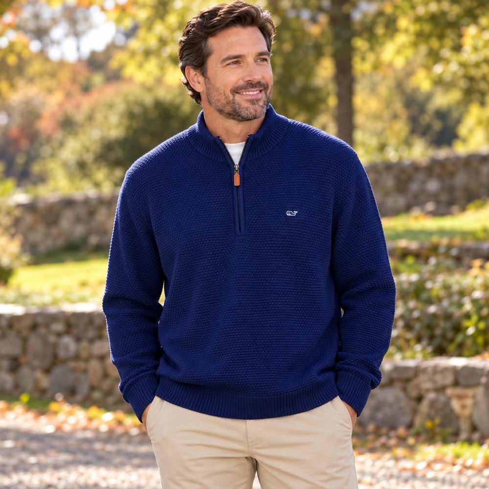 Vineyard Vines Mens XXL Navy Blue Waffle Knit Quarter Zip Cotton Sweater